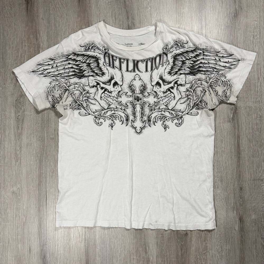 Affliction Men's Large White Graphic Skull Wing T-Shirt